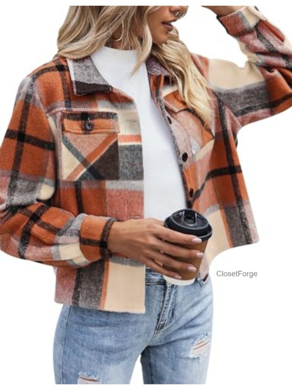 Cropped Flannel Shacket Jacket Button Down Plaid Coat